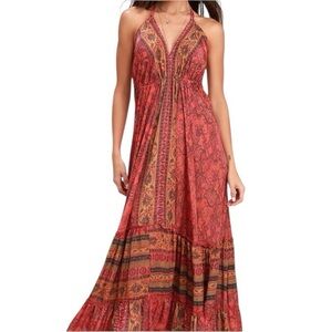 Raga Women’s Passion Struck Halter Maxi  Pink Print Dress NWOT small excellent